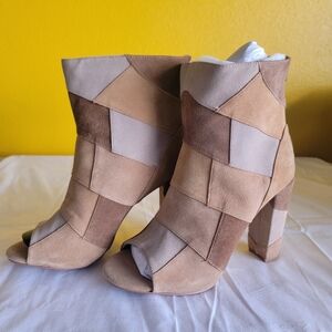 torrid Patchwork Suede Open-Toe Ankle Booties in Beige and Brown